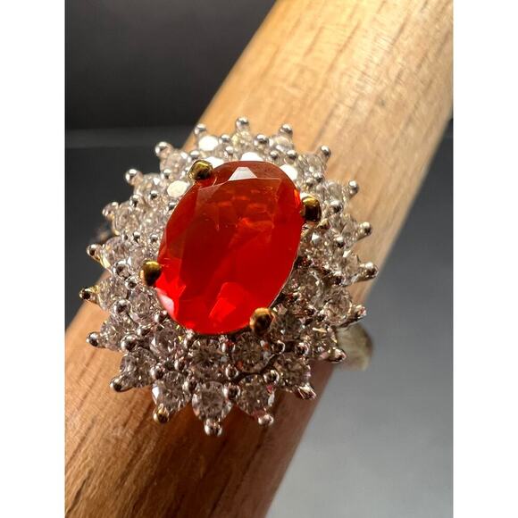 NEW Mexican Cherry fire opal moissanite halo ring in vermeil YG over 925 size 5 - Picture 10 of 16